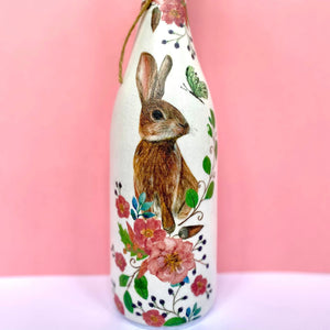 Decoupaged Bottle - Hare and Pink Flowers Design - The Upcycled Shop