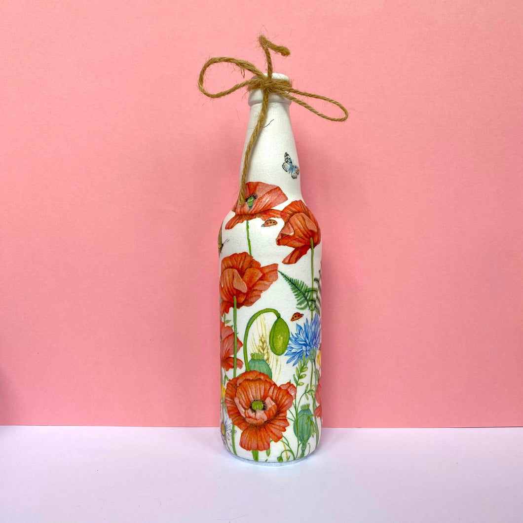 Decoupaged Beer Bottle - Poppies and Wildflowers Design - The Upcycled Shop