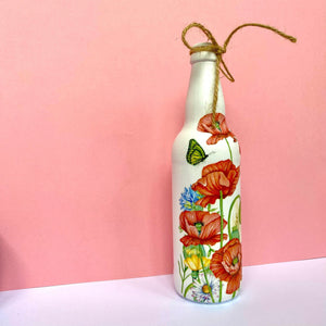 Decoupaged Beer Bottle - Poppies and Wildflowers Design - The Upcycled Shop