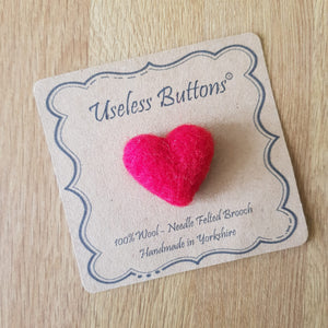 Heart Shaped Needle Felted Brooch - Lots of colours - Useless Buttons