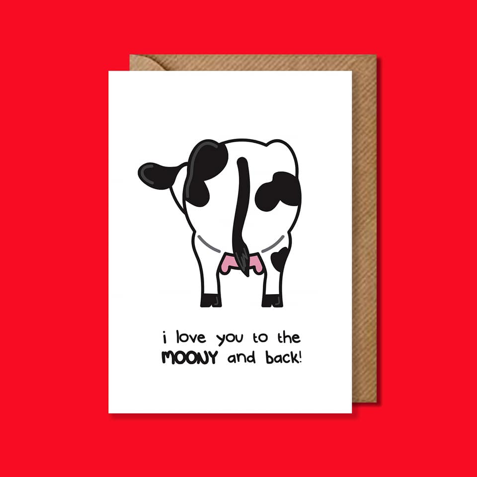 I love you to the MOONy and back Card - Cow butt Greetings Card - Innabox - Puns