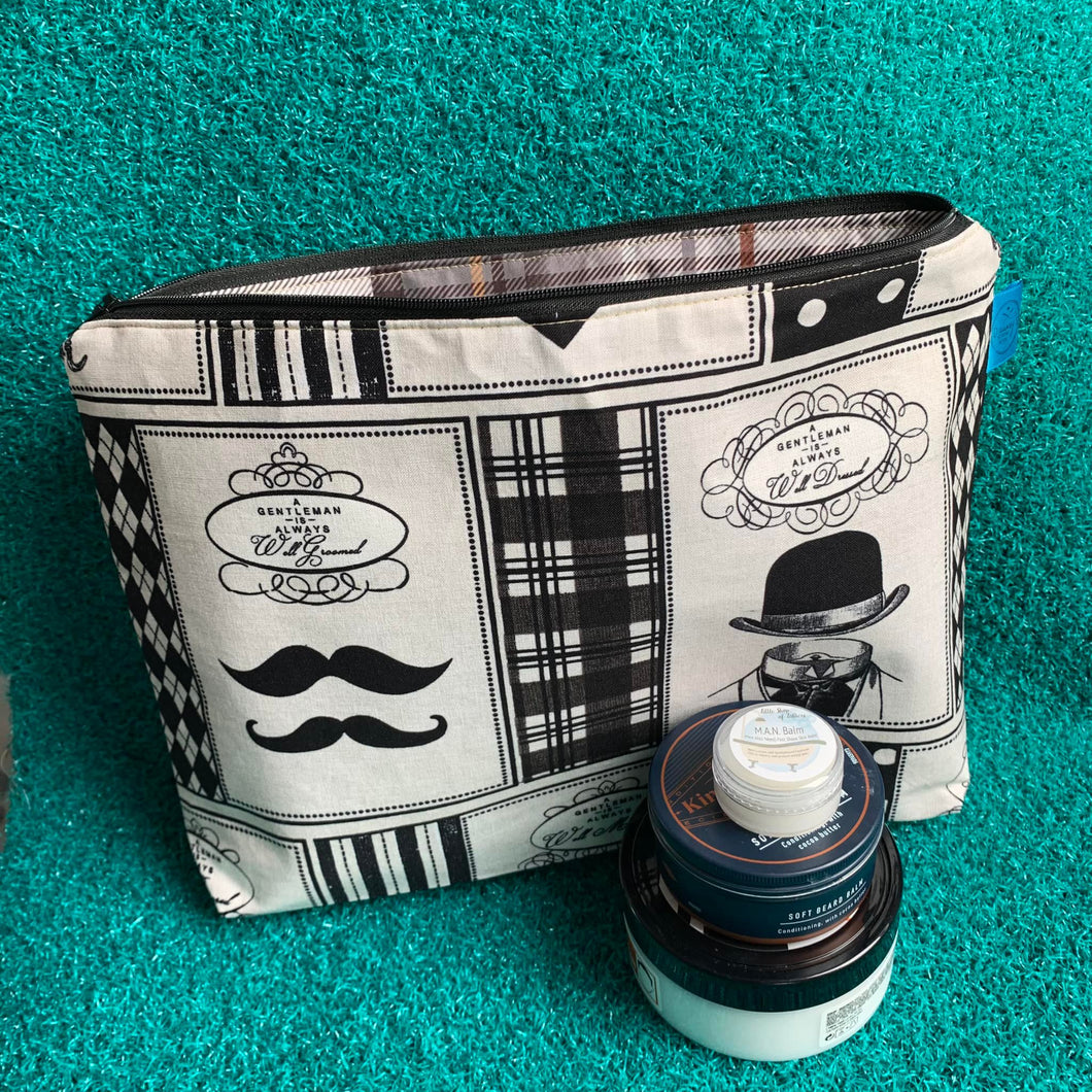 Monochrome moustache zip pouch bag - Dawny's Sewing Room - Fabric make up bag