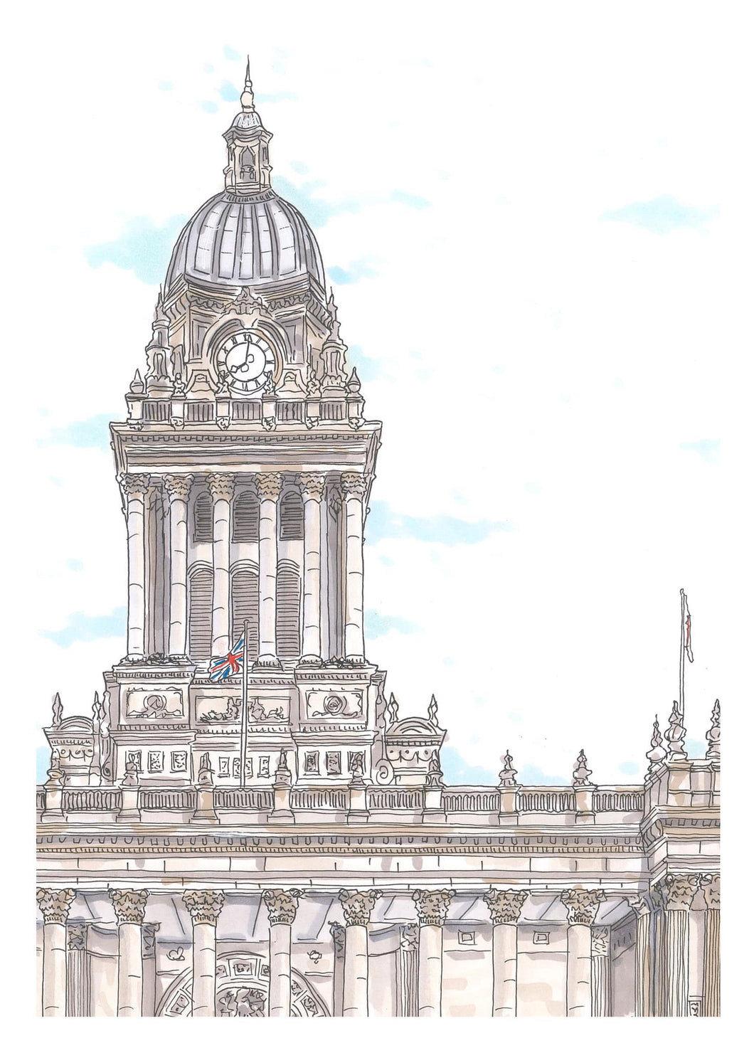 Leeds Town Hall Illustration - A4 print - Art by Arjo - Leeds artwork