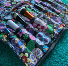 Load image into Gallery viewer, Make up Brush Roll - Dawny&#39;s Sewing Room - Sugar Skull fabric - Brush pouch
