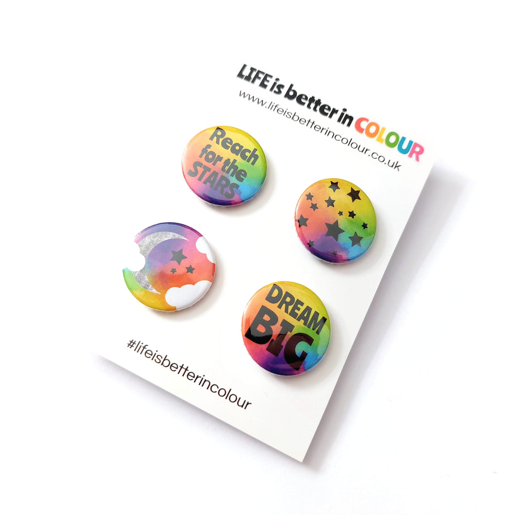 Moon and Stars Rainbow Galaxy 4 Badge Set - Life is Better in Colour