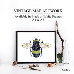 Vintage Map Artwork Framed Print - Bumble Bee - Available as Leeds, Yorkshire or Personalised Designs