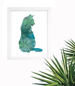 Vintage Map Artwork Framed Print - Cat - Available as Leeds, Yorkshire or Personalised Designs