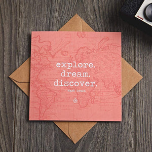 Explore. Dream. Discover. Greetings Card - Wander Collective - Mark Twain quote