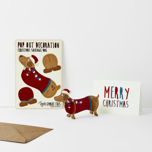 Festive Sausage Dog - Wooden Pop Out Christmas Card and Decoration - card and gift in one - The Pop Out Card Company
