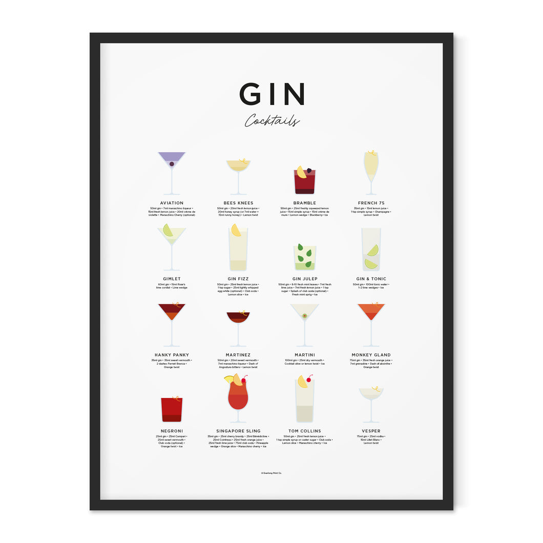Classic Gin Cocktails Art Print - Everlong Print Co