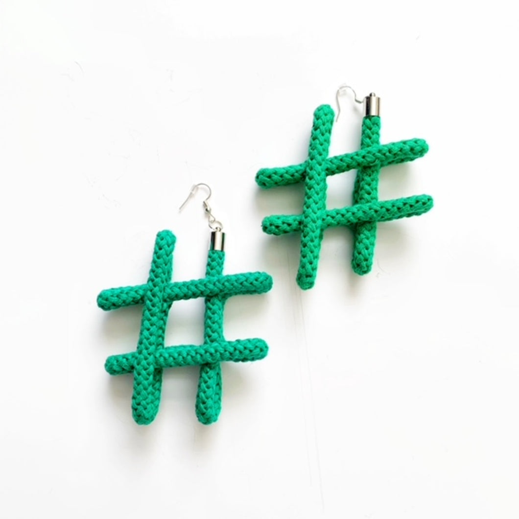 Hashtag Earrings - Emerald Green - Cotton Rope Jewellery - Handmade by Tinni