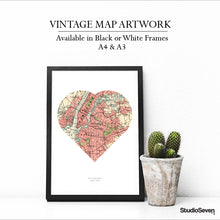 Load image into Gallery viewer, Vintage Map Artwork Framed Print - Heart - Available as Leeds, Yorkshire or Personalised Designs
