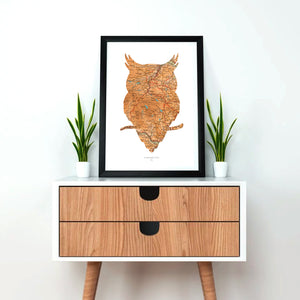 Vintage Map Artwork Framed Print - Owl - Available as Leeds, Yorkshire or Personalised Designs