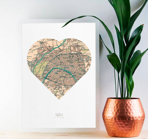 Vintage Map Artwork Framed Print - Heart - Available as Leeds, Yorkshire or Personalised Designs