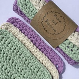 Cotton face cloths - crochet washcloths - Green/Purple/Natural - Robins and Rainbows