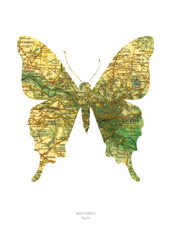 Vintage Map Artwork Framed Print - Butterfly - Available as Leeds, Yorkshire or Personalised Designs