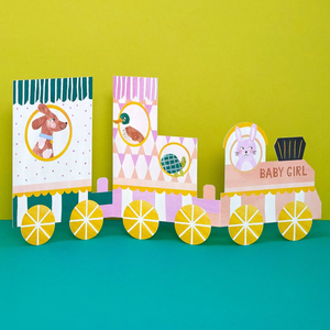 Baby Girl Concertina fold Train - 3D pop up card - Raspberry Blossom