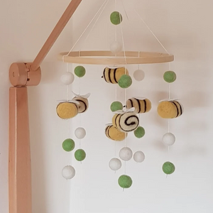 Bumble Bee Green and White Felt Ball Mobile - Useless Buttons