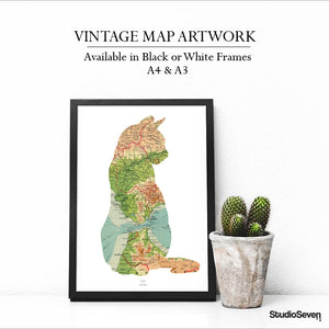 Vintage Map Artwork Framed Print - Cat - Available as Leeds, Yorkshire or Personalised Designs
