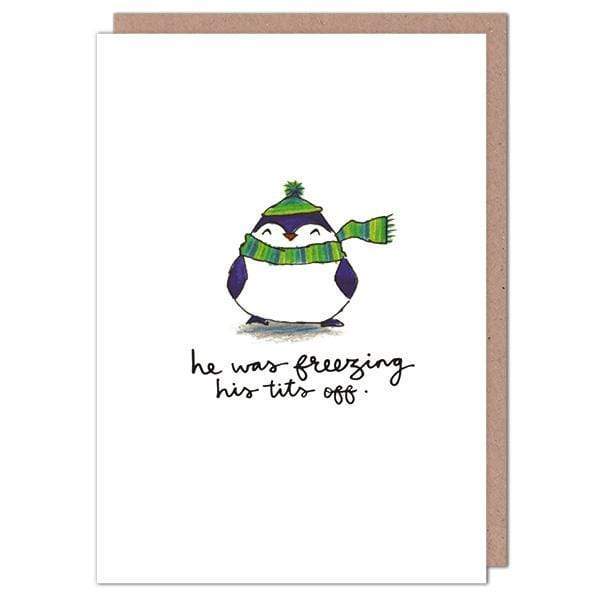 Freezing his T**s off - Penguin Christmas Card - Whale and Bird