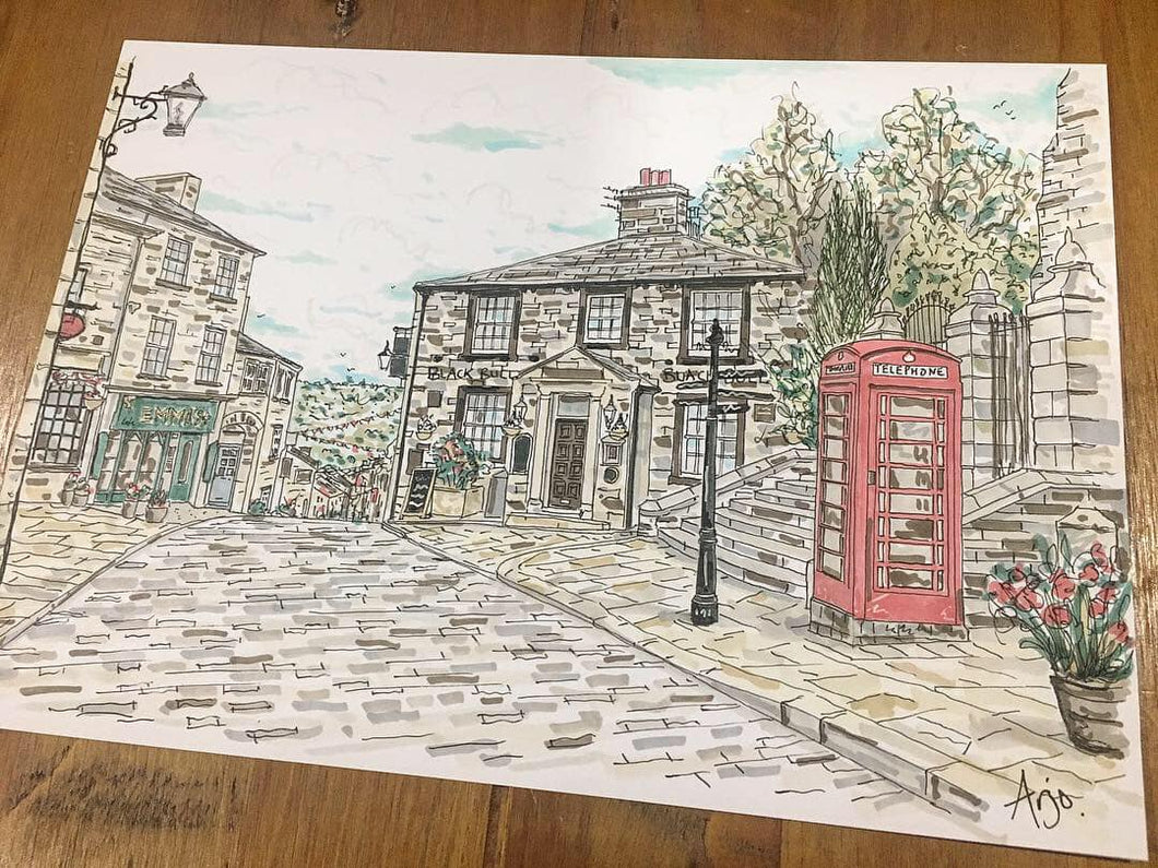 Haworth Main Street Illustration - A4 print - Art by Arjo - Yorkshire illustrations