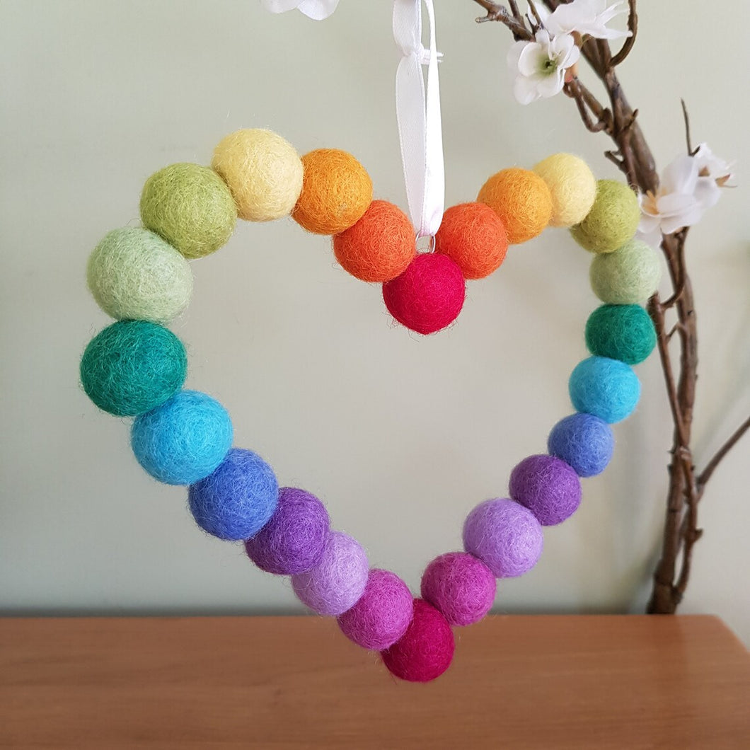 Rainbow Heart - Felt Ball Hanging Decoration - Useless Buttons