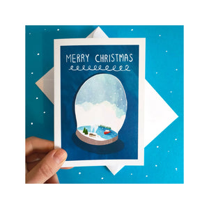 Blue Merry Christmas Card - Retro Christmas Snow Globe Card - Greetings card - Illustrator Kate