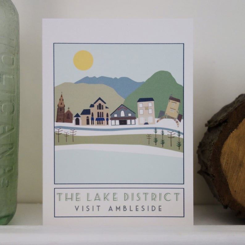 Ambleside Lake District greetings card - tourism poster inspired - Sweetpea and Rascal