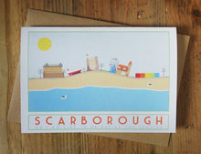 Load image into Gallery viewer, Scarborough greetings card - tourism poster inspired - Sweetpea and Rascal - seaside - Yorkshire coast
