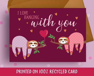 Sloth Greetings card - Blush and Blossom - I love hanging out with you