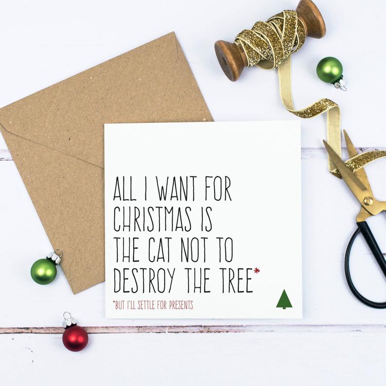 Life with Cats Christmas Card - All I want for Christmas is for the cat not to destroy the tree - Purple Tree Designs