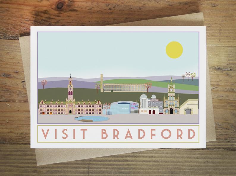 Bradford greetings card - tourism poster inspired - Sweetpea and Rascal - Yorkshire scenes