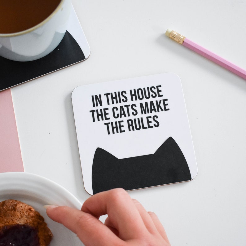 In this house the cat /cats make the rules coaster - Cat Lovers - Purple Tree Designs