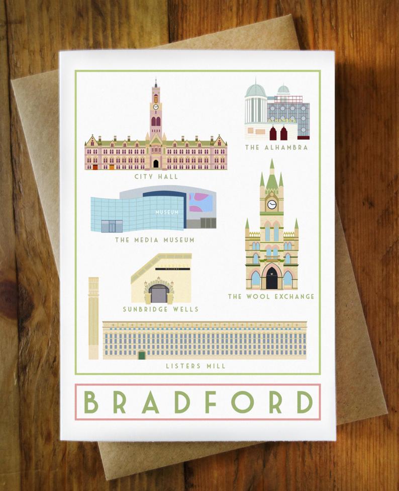 Bradford Landmarks greetings card - tourism poster inspired - Sweetpea and Rascal - Yorkshire scenes