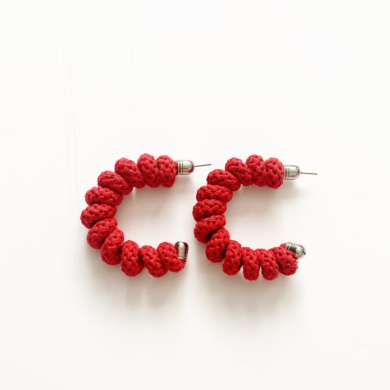 Spring Hoop Earrings - Red - Cotton Rope Jewellery - Handmade by Tinni