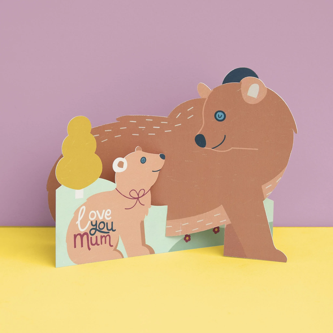 Love you Mum - Mama bear and cub Card - 3D pop up card - Raspberry Blossom