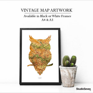 Vintage Map Artwork Framed Print - Owl - Available as Leeds, Yorkshire or Personalised Designs