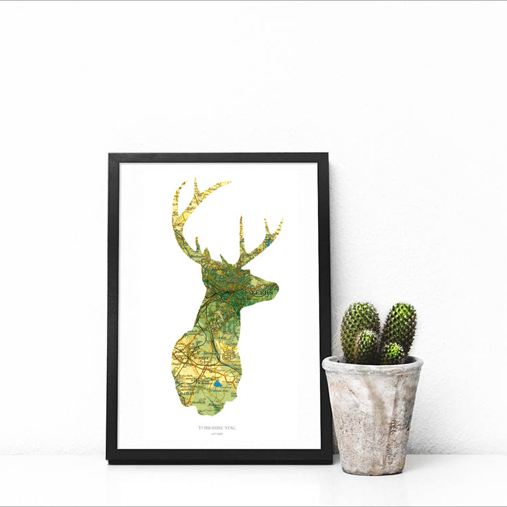Vintage Map Artwork Framed Print - Stag - Available as Leeds, Yorkshire or Personalised Designs