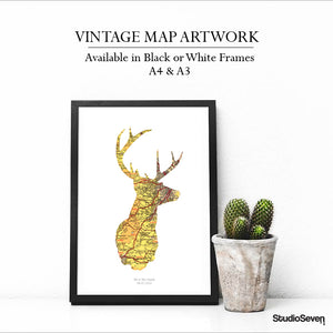 Vintage Map Artwork Framed Print - Stag - Available as Leeds, Yorkshire or Personalised Designs
