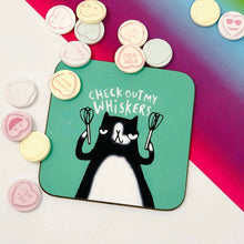 Load image into Gallery viewer, Check out my Whiskers coaster - Katie Abey - Cats - Puns
