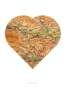 Vintage Map Artwork Framed Print - Heart - Available as Leeds, Yorkshire or Personalised Designs